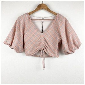 NWT dRA Orange Plaid Puff Sleeve Crop‎ Top Size XS